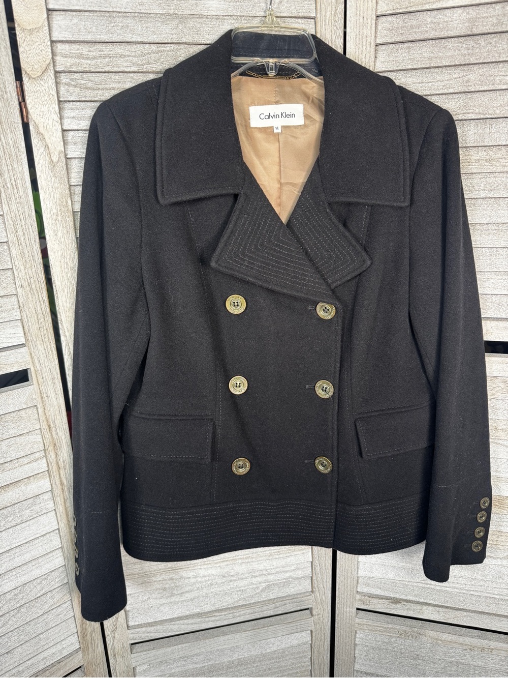 Calvin Klein Wool Cashmere Peacoat Black Size 14 Double Breasted